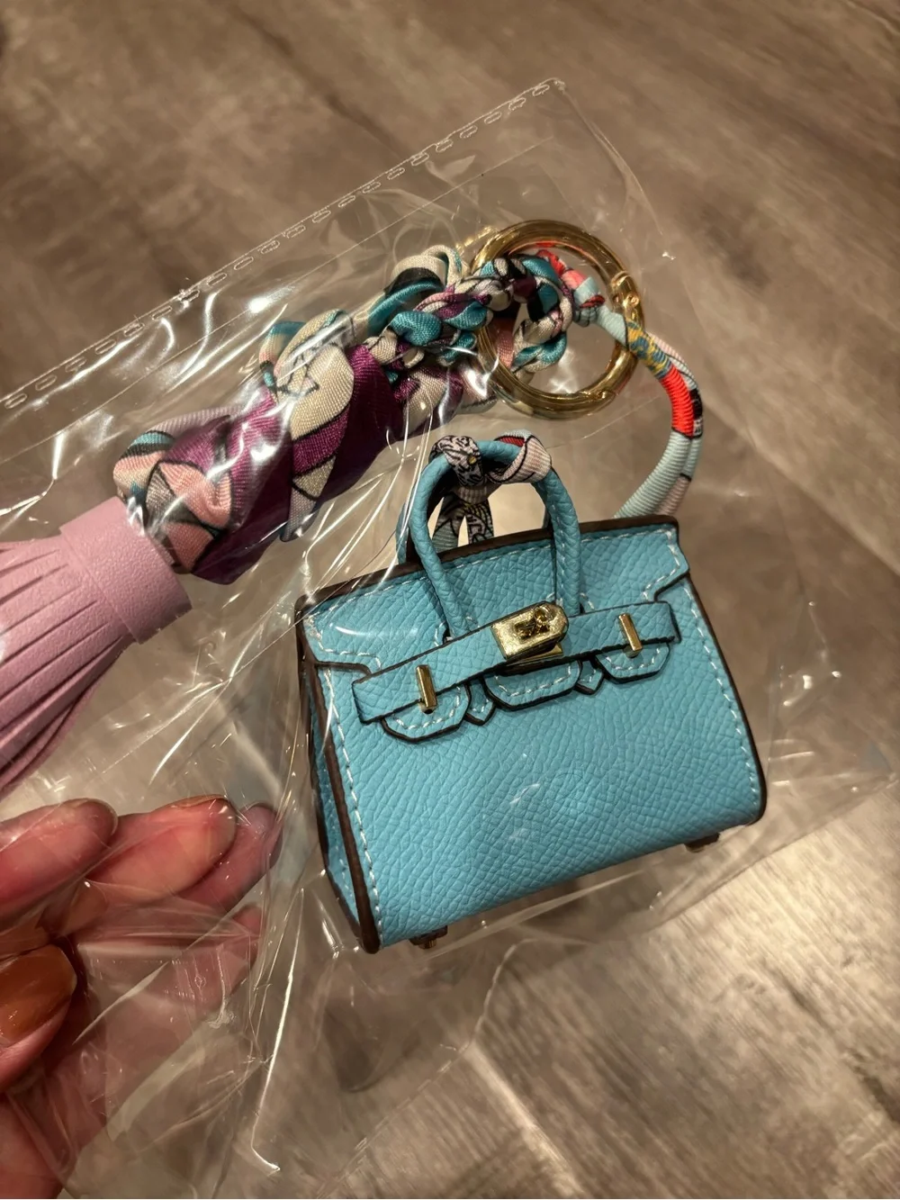 Mini Top Handle Handbag Charm Keychain with Scarf & Tassel – Blue